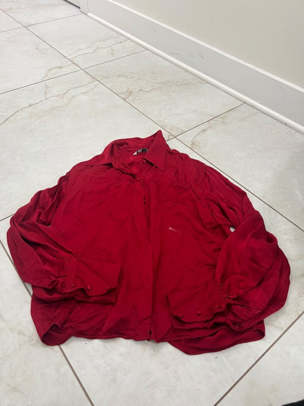 Zara Red Satin Puff Sleeve Button-Up Blouse Size XS